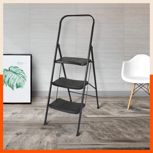 Bathla Boost Rhino 3 - Step Foldable Steel Ladder For Home (Black + Black)